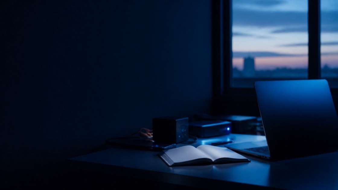 A dim desktop workspace with a laptop, a paper notebook, and blue diagnostic lights, photographed without readable screen content
