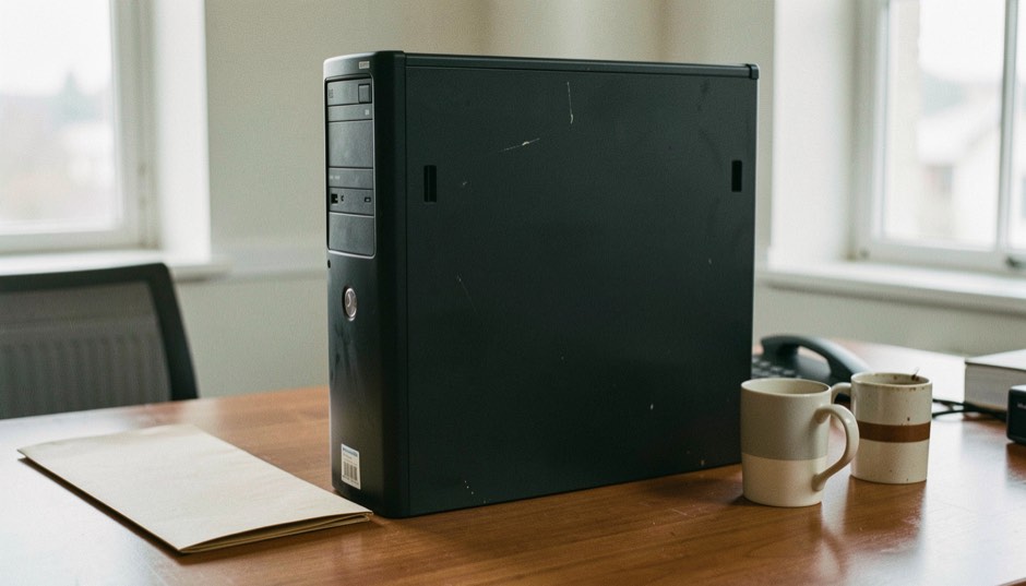 Side view of an older black desktop PC tower with a plain side panel on a wooden office desk, a closed manila folder in front of it and two coffee mugs beside it, soft window light
